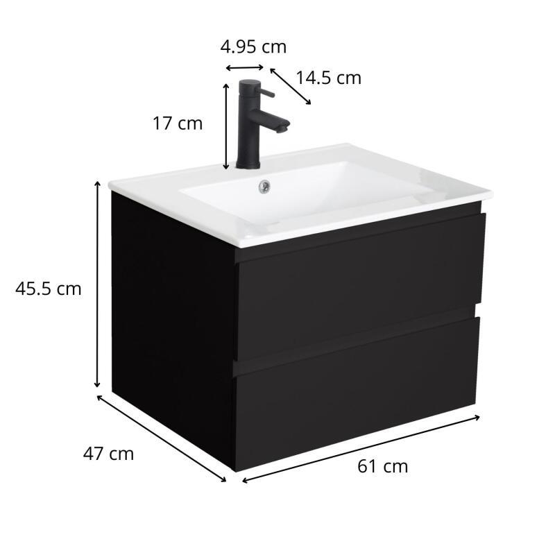 Ensemble meuble simple vasque décor chêne  carbone 60cm + vasque + robinet noir