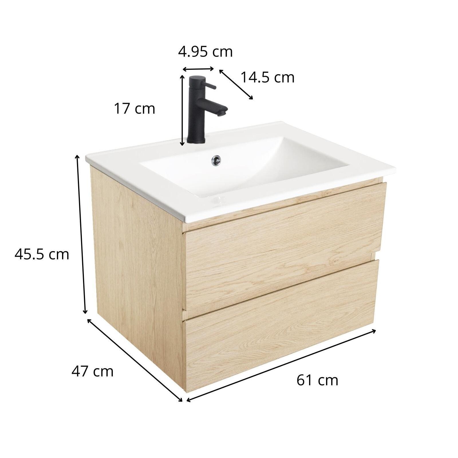 Ensemble meuble simple vasque décor chêne  carbone 60cm + vasque + robinet noir