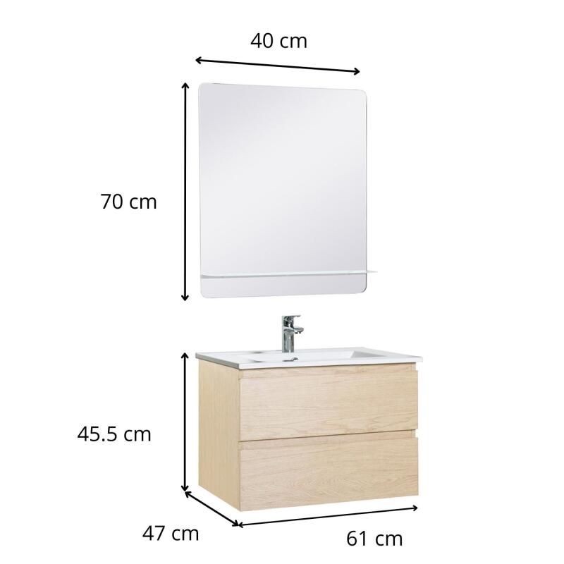 Ensemble meuble simple vasque 60 cm + robinet PIXE + miroir SORRENTO