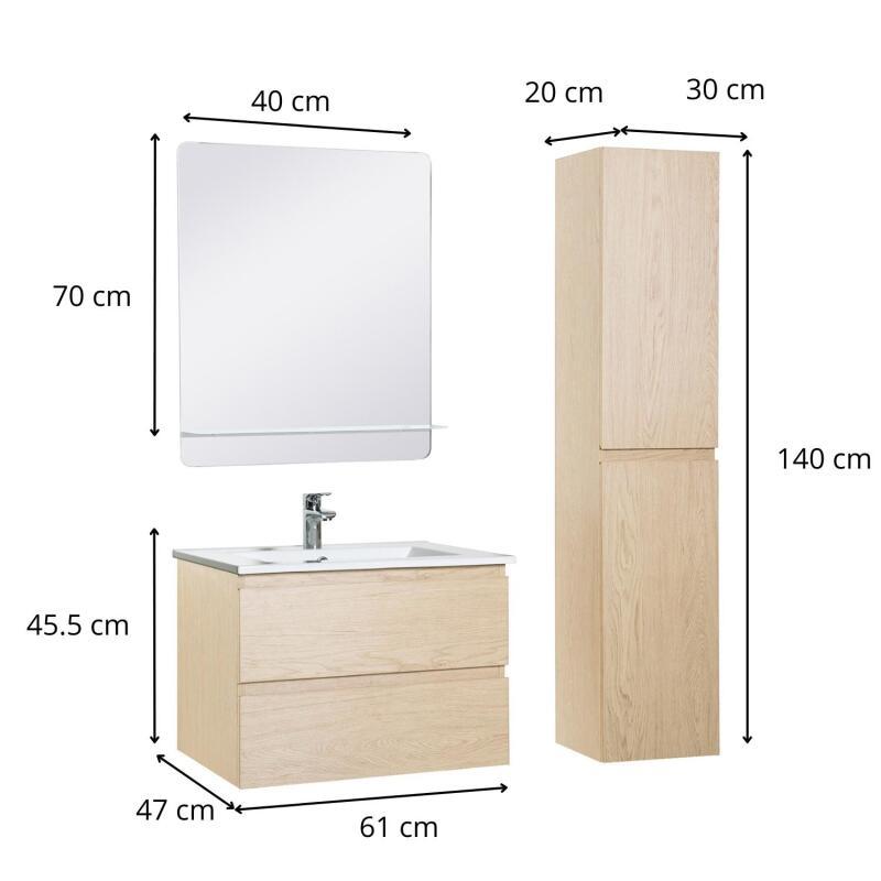 Ensemble meuble simple vasque 60 cm + robinet PIXE + miroir SORRENTO + Colonne SORRENTO
