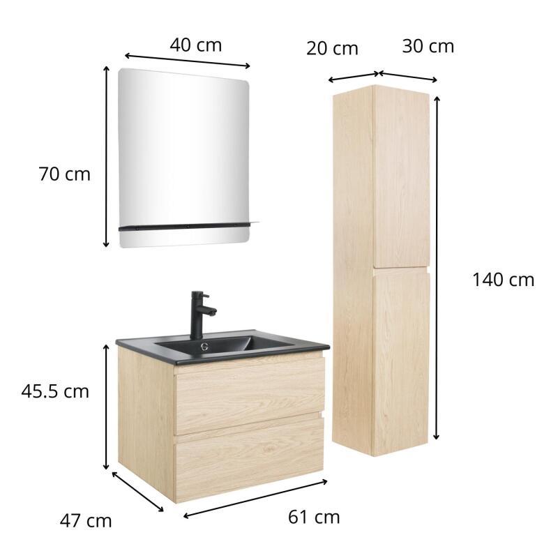 Ensemble meuble simple vasque 60 cm + robinet PIXE + miroir SORRENTO + Colonne SORRENTO