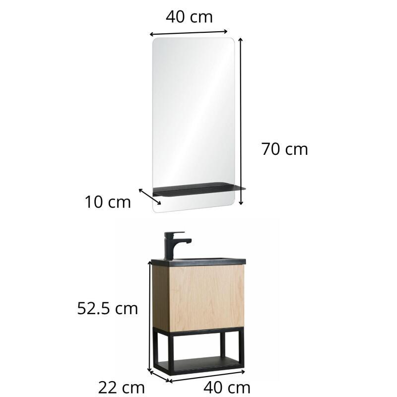 Ensemble lave-mains métal et bois avec robinet noir et miroir tablette