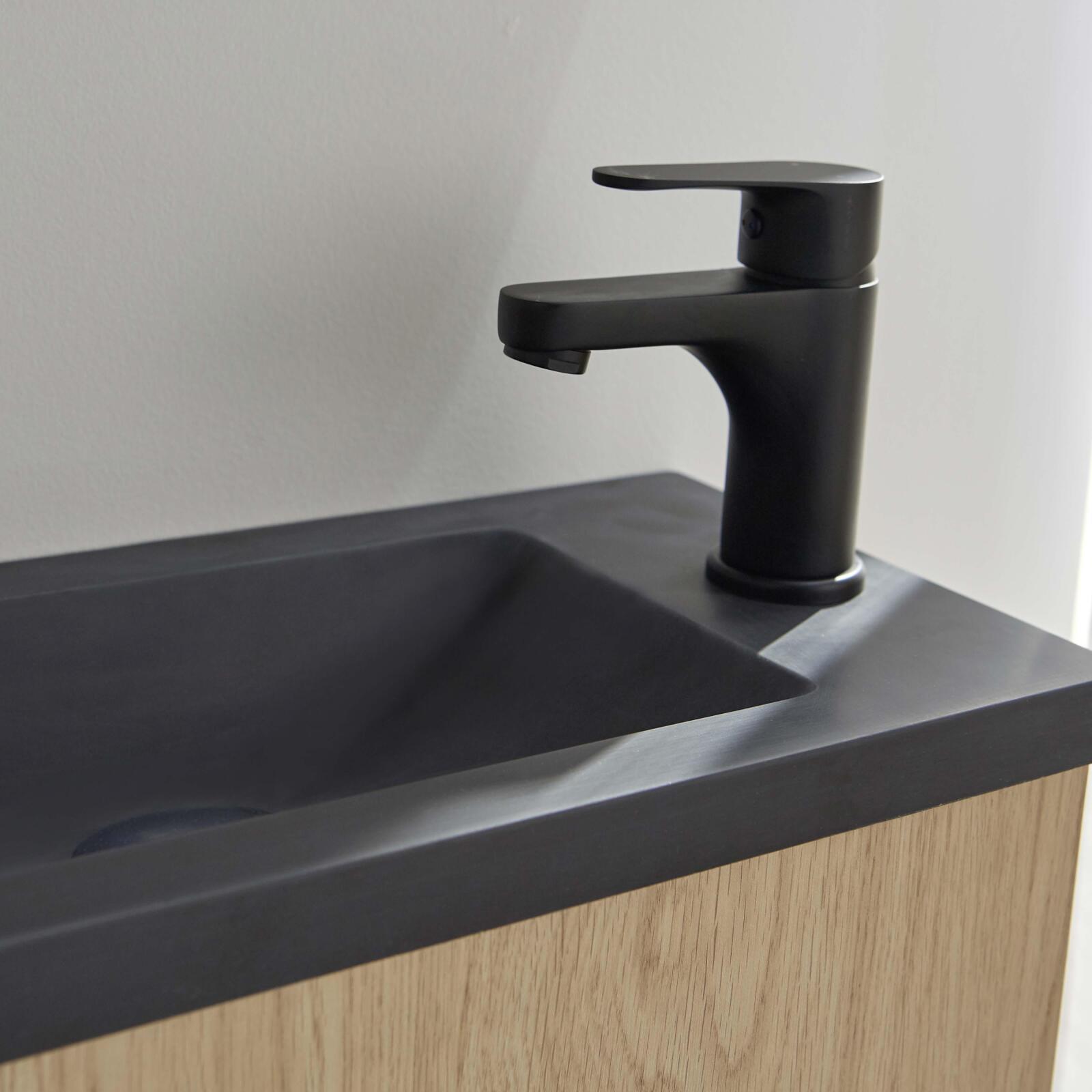 Ensemble lave-mains métal et bois avec robinet noir et miroir tablette