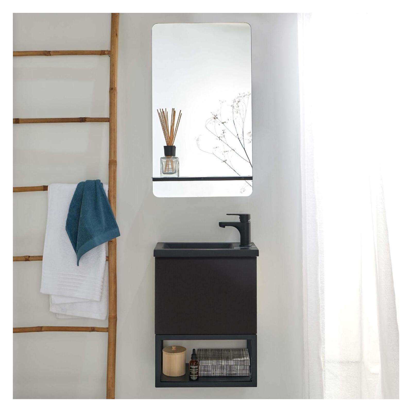 Ensemble lave-mains métal et bois avec robinet noir et miroir tablette