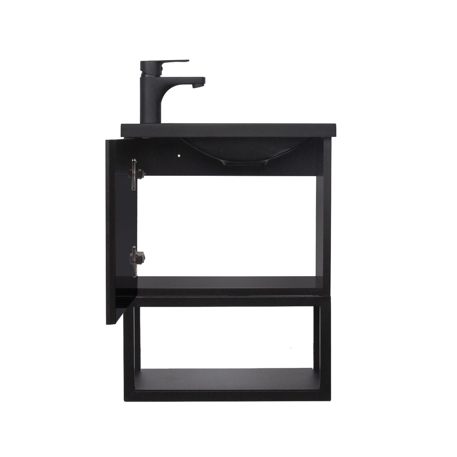 Ensemble lave-mains métal et bois avec robinet noir et miroir tablette