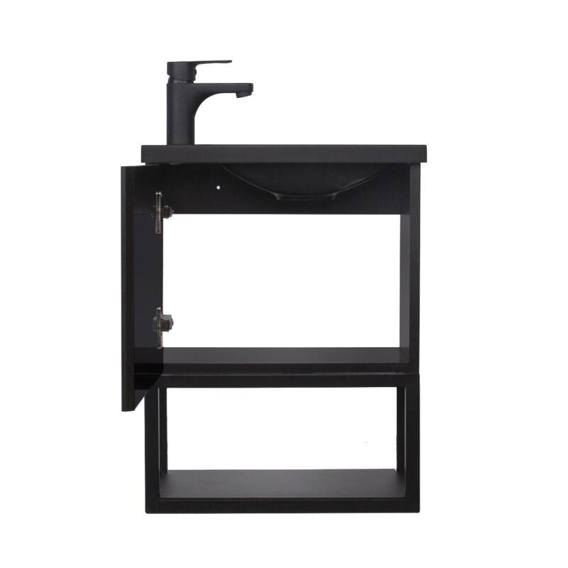 Ensemble lave-mains métal et bois avec robinet noir et miroir tablette