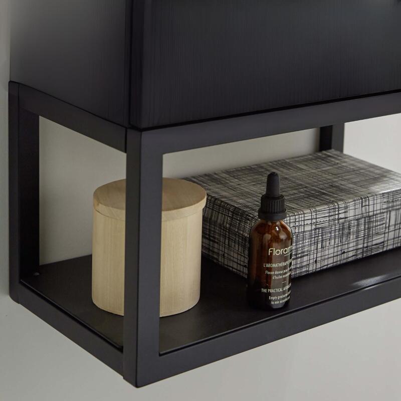 Ensemble lave-mains métal et bois avec robinet noir et miroir tablette