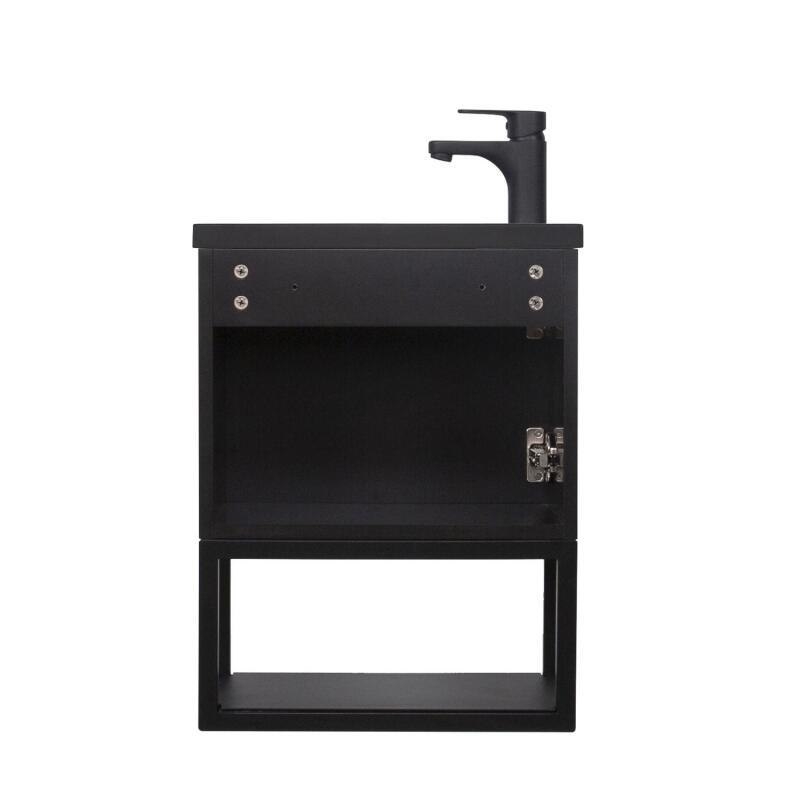 Ensemble lave-mains métal et bois avec robinet noir et miroir tablette