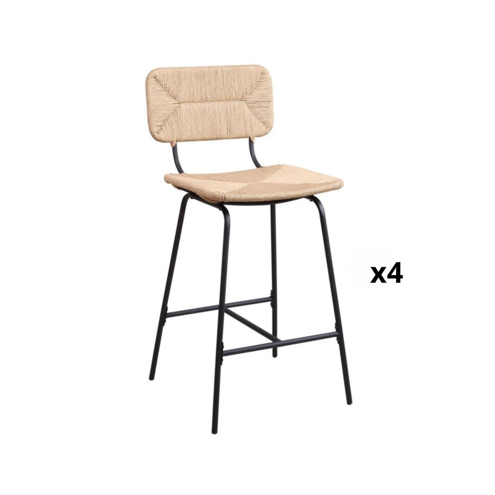 Lot de tabourets de bar et d'ilot en métal et assise rotin H65cm