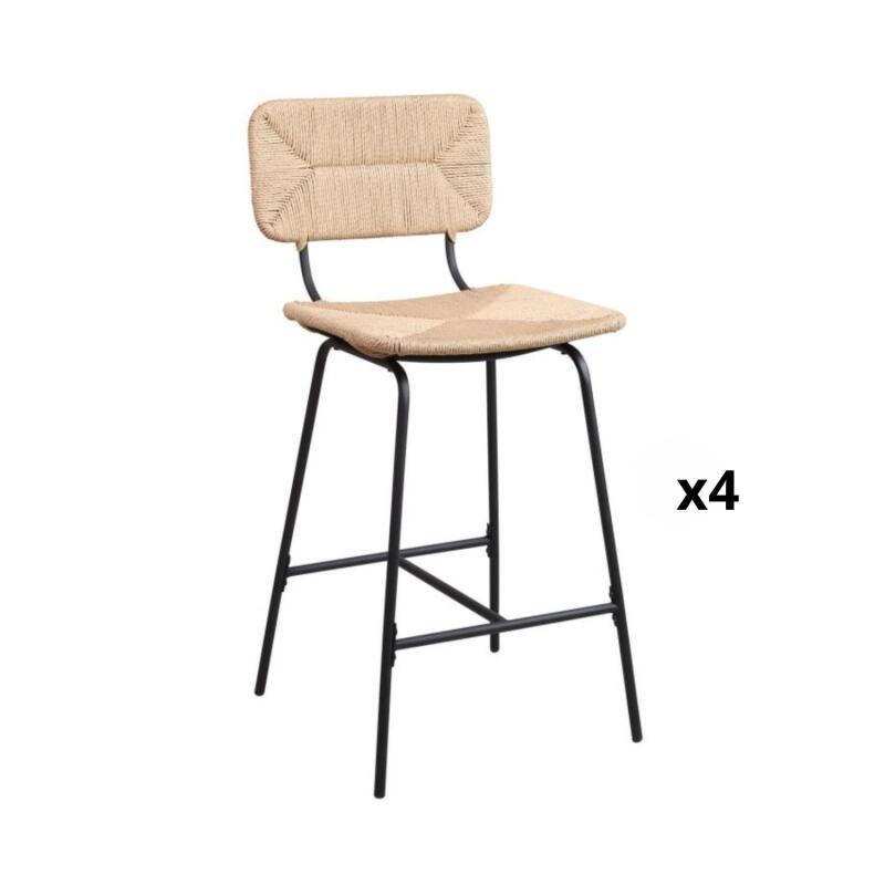 Lot de tabourets de bar et d'ilot en métal et assise rotin H65cm