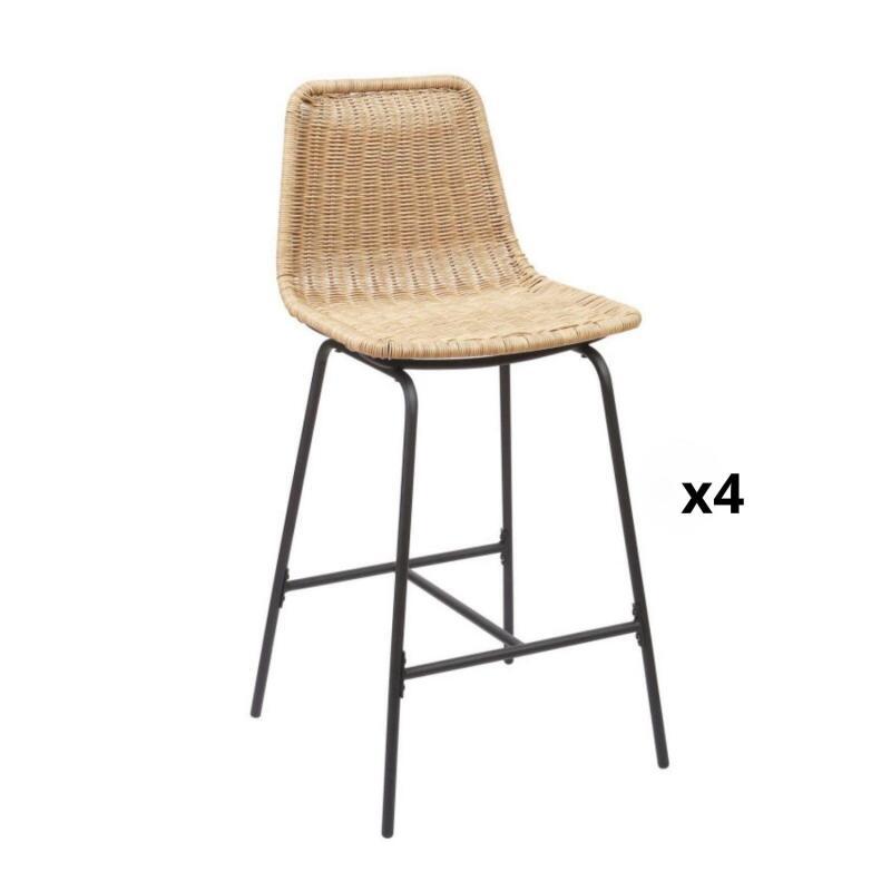 Lot de tabourets de bar et d'ilot en métal avec assise en rotin H65cm