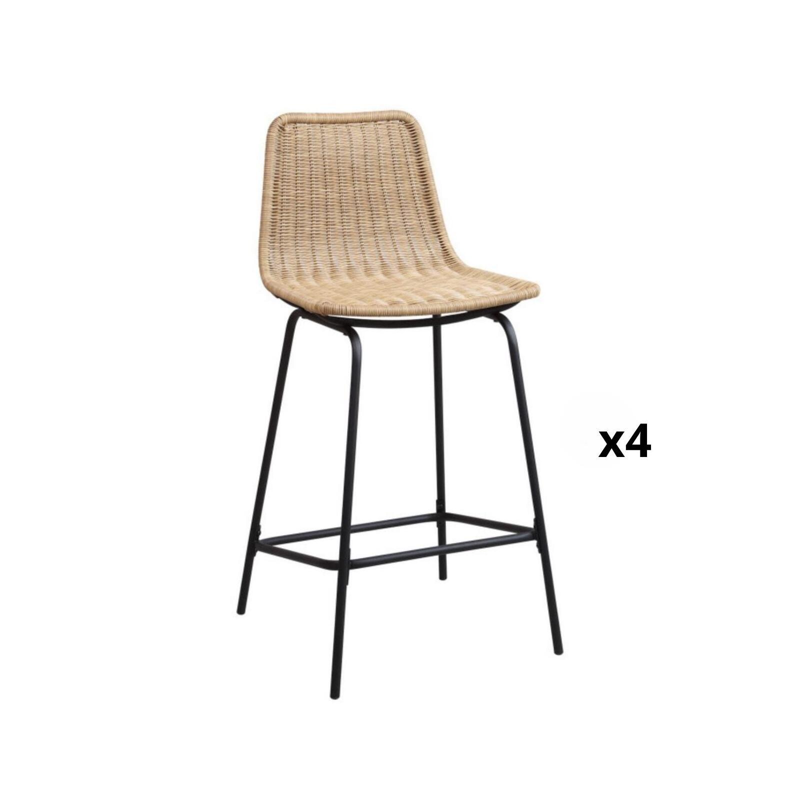 Lot de tabourets d'ilot et bar en métal et assise en rotin H65cm