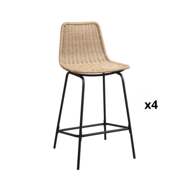 Lot de tabourets d'ilot et bar en métal et assise en rotin H65cm