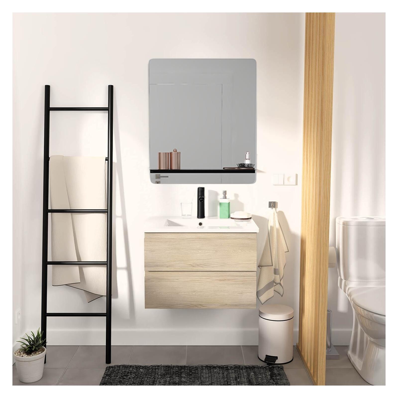 Ensemble meuble simple vasque 60cm décor chêne + vasque noire + robinet + miroir