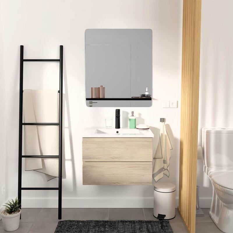 Ensemble meuble simple vasque 60cm décor chêne + vasque noire + robinet + miroir