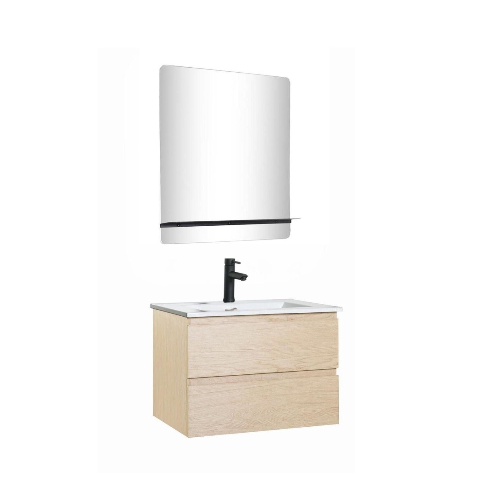 Ensemble meuble simple vasque 60cm décor chêne + vasque noire + robinet + miroir
