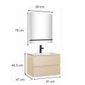 Ensemble meuble simple vasque 60cm décor chêne + vasque noire + robinet + miroir