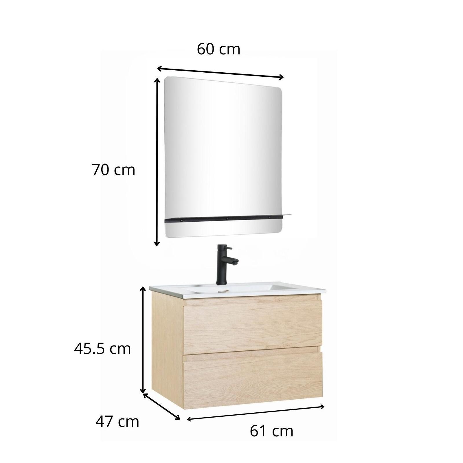 Ensemble meuble simple vasque 60cm décor chêne + vasque noire + robinet + miroir