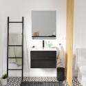 Ensemble meuble simple vasque 60cm décor chêne + vasque noire + robinet + miroir