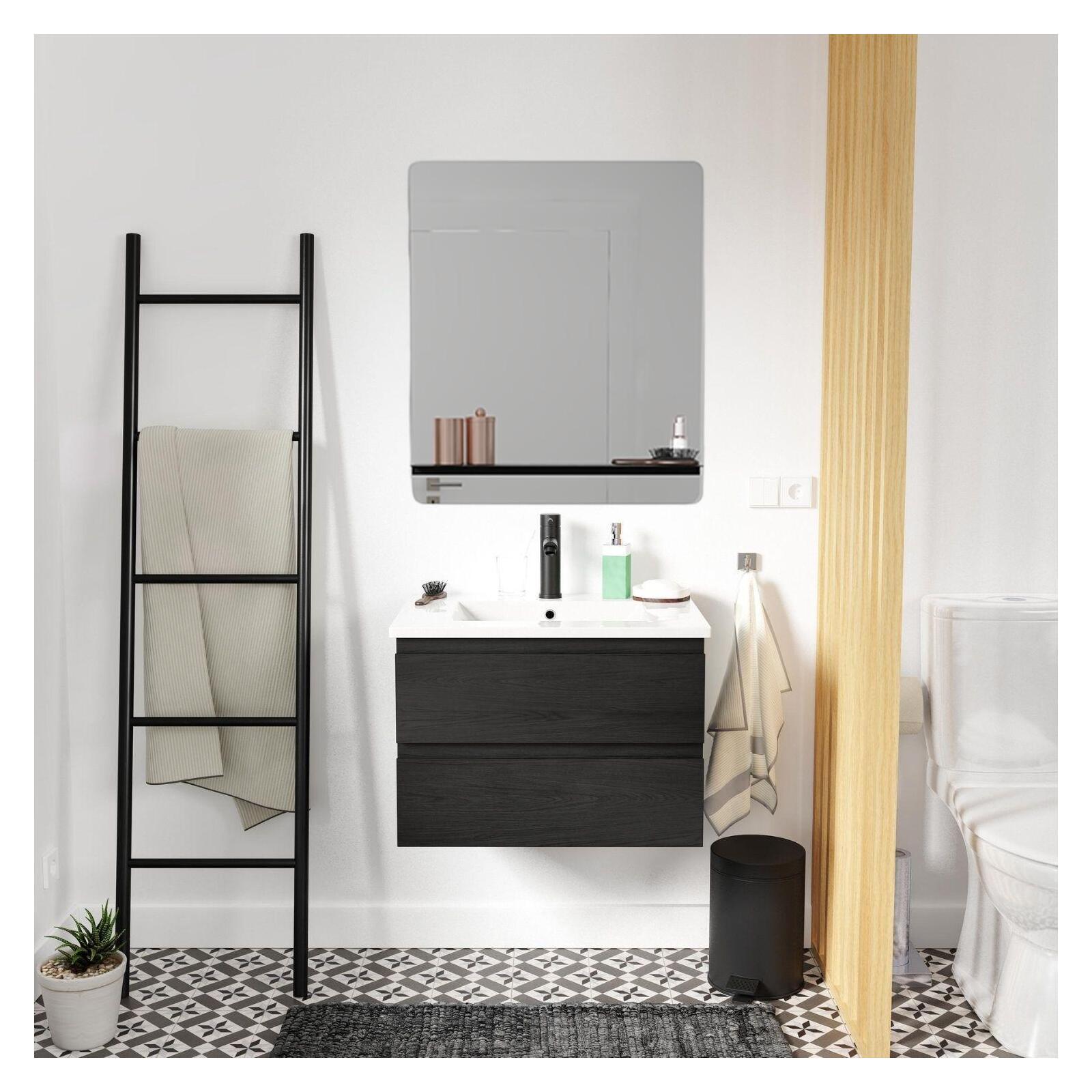 Ensemble meuble simple vasque 60cm décor chêne + vasque noire + robinet + miroir