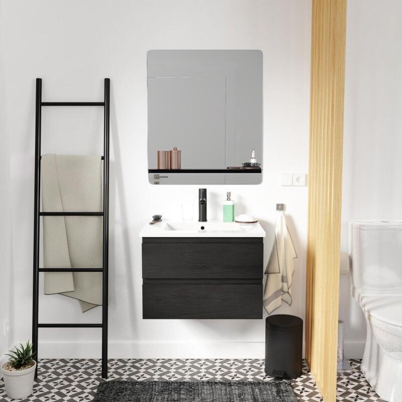 Ensemble meuble simple vasque 60cm décor chêne + vasque noire + robinet + miroir