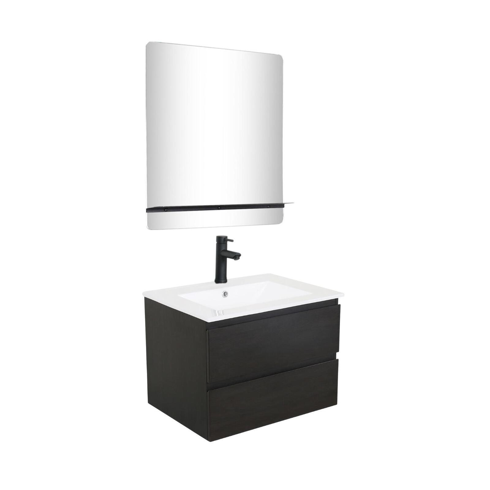 Ensemble meuble simple vasque 60cm décor chêne + vasque noire + robinet + miroir