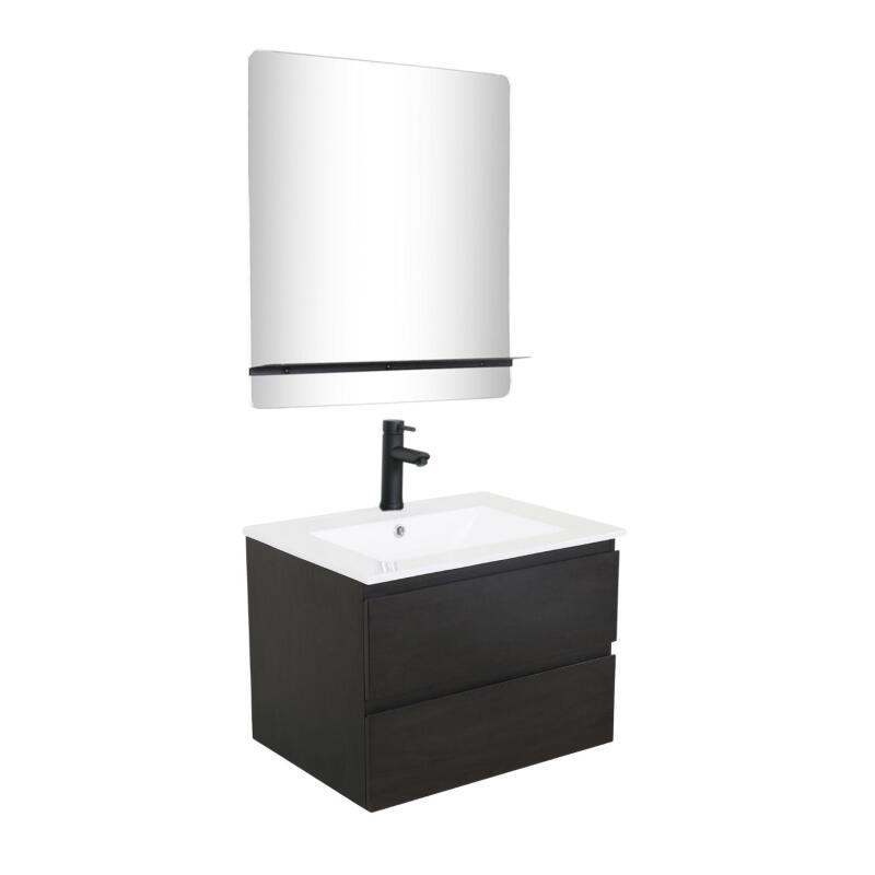 Ensemble meuble simple vasque 60cm décor chêne + vasque noire + robinet + miroir