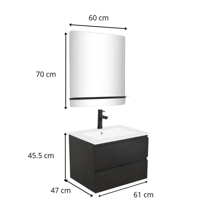 Ensemble meuble simple vasque 60cm décor chêne + vasque noire + robinet + miroir