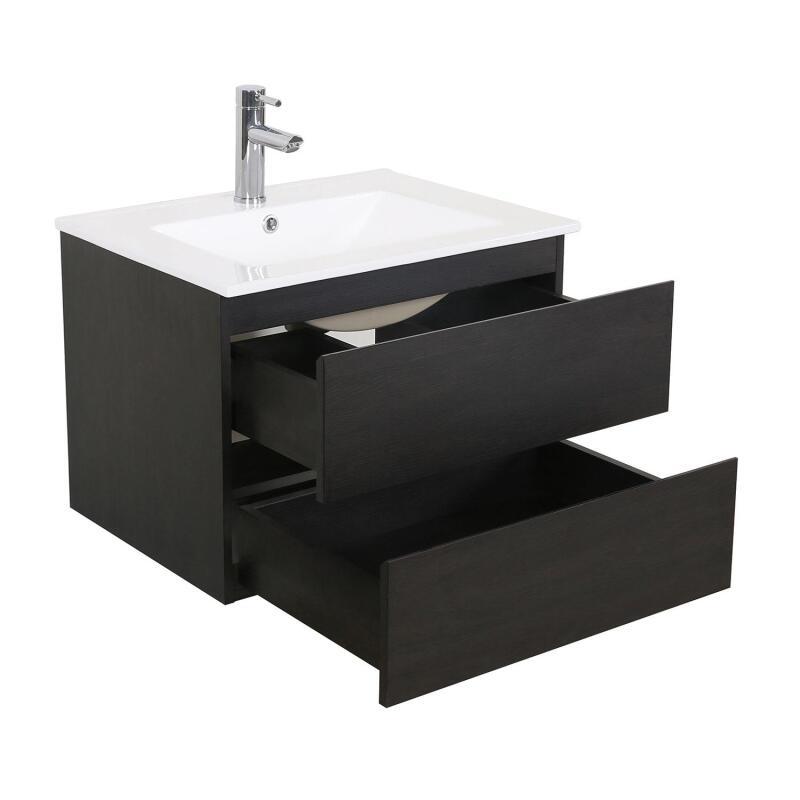 Ensemble meuble simple vasque 60cm décor chêne + vasque noire + robinet + miroir