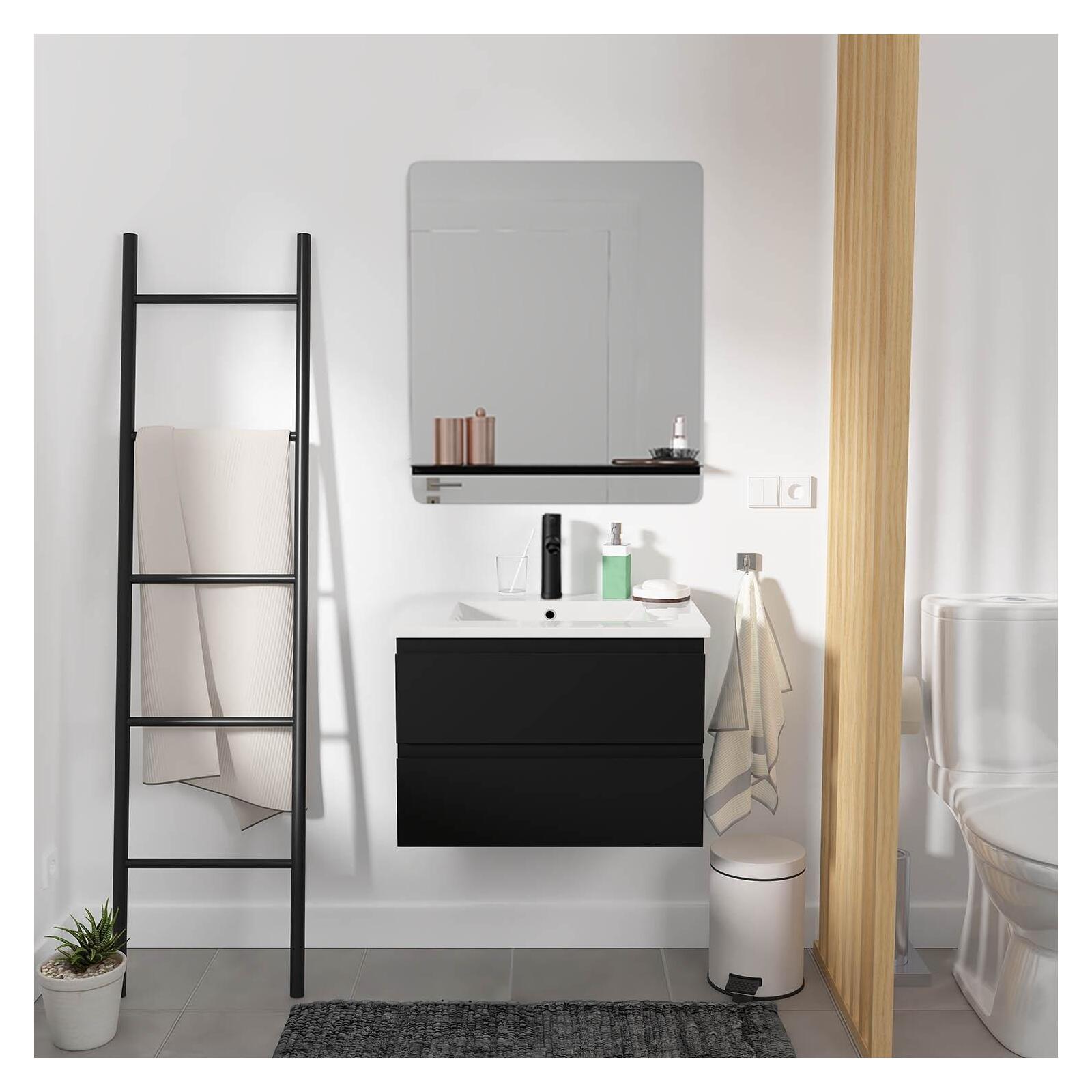 Ensemble meuble simple vasque 60cm décor chêne + vasque noire + robinet + miroir