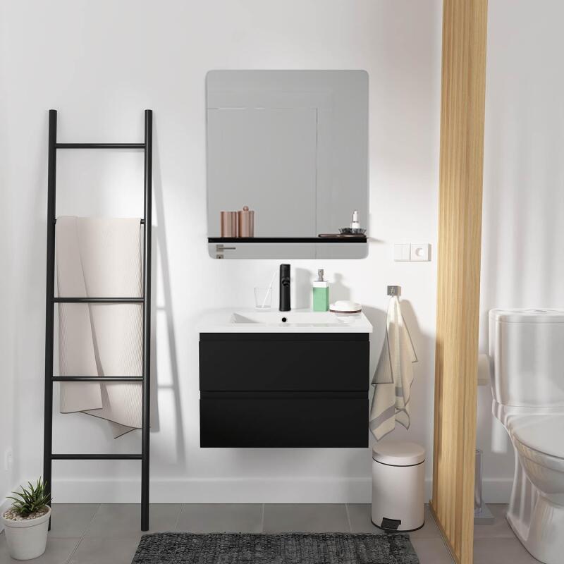 Ensemble meuble simple vasque 60cm décor chêne + vasque noire + robinet + miroir