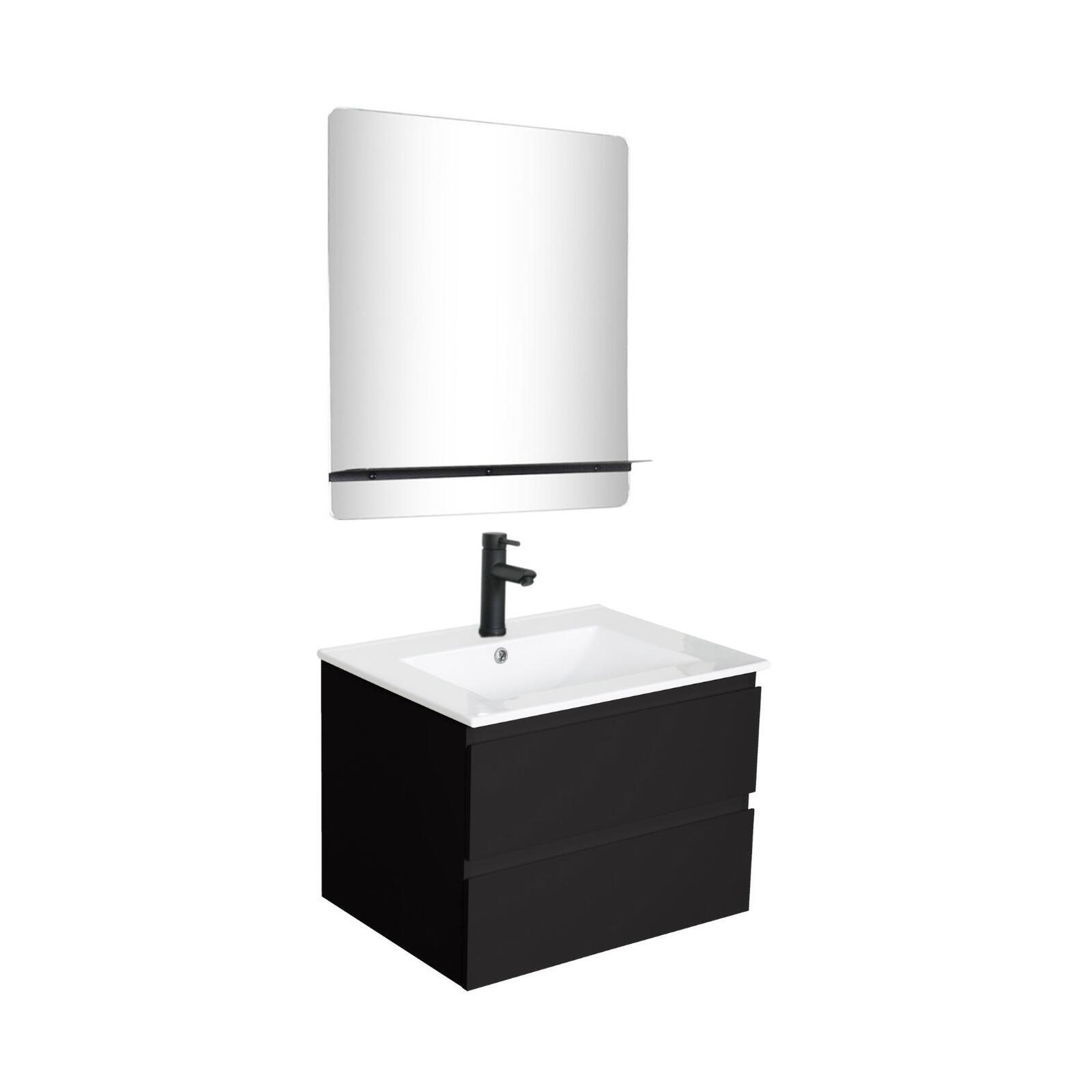 Ensemble meuble simple vasque 60cm décor chêne + vasque noire + robinet + miroir