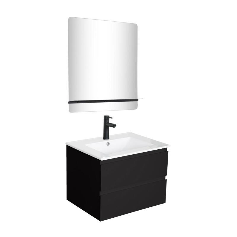 Ensemble meuble simple vasque 60cm décor chêne + vasque noire + robinet + miroir