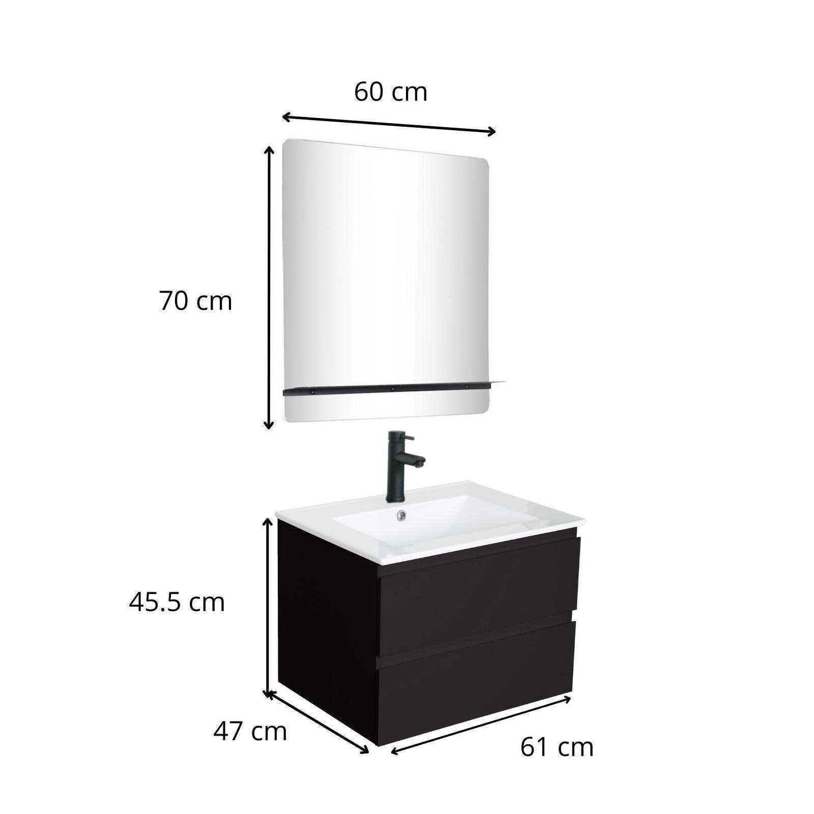 Ensemble meuble simple vasque 60cm décor chêne + vasque noire + robinet + miroir