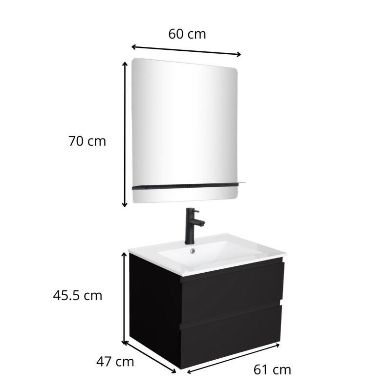 Ensemble meuble simple vasque 60cm décor chêne + vasque noire + robinet + miroir