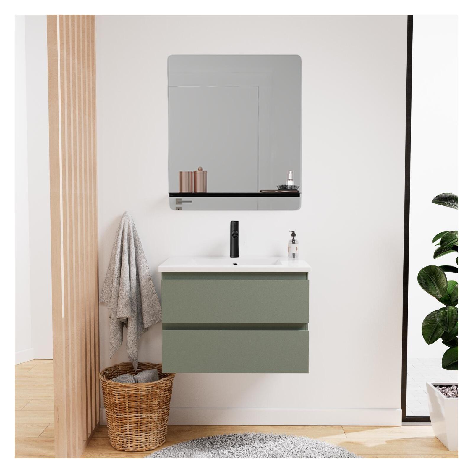 Ensemble meuble simple vasque 60cm décor chêne + vasque noire + robinet + miroir