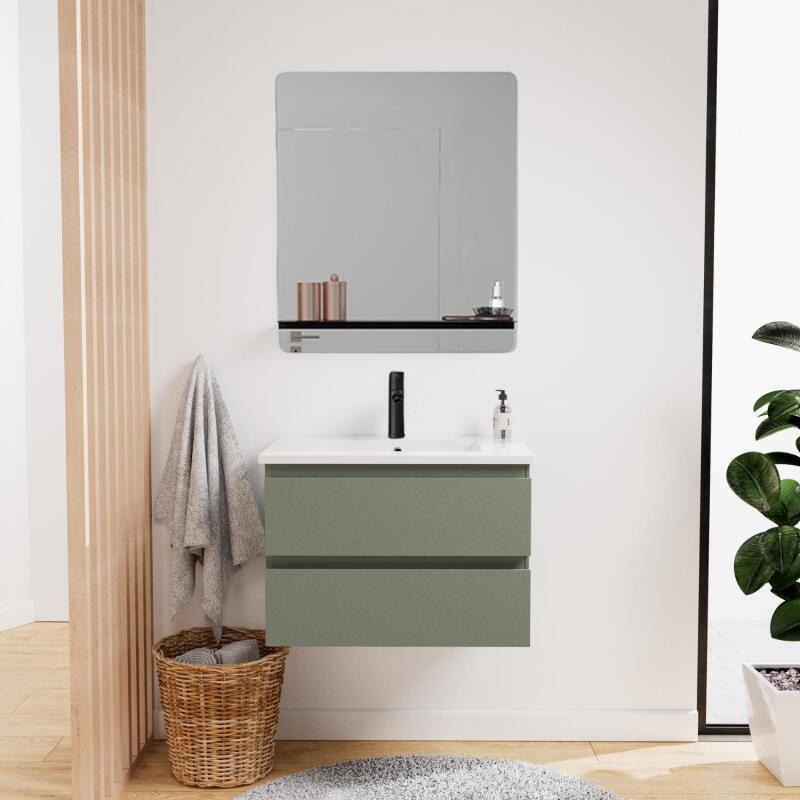 Ensemble meuble simple vasque 60cm décor chêne + vasque noire + robinet + miroir