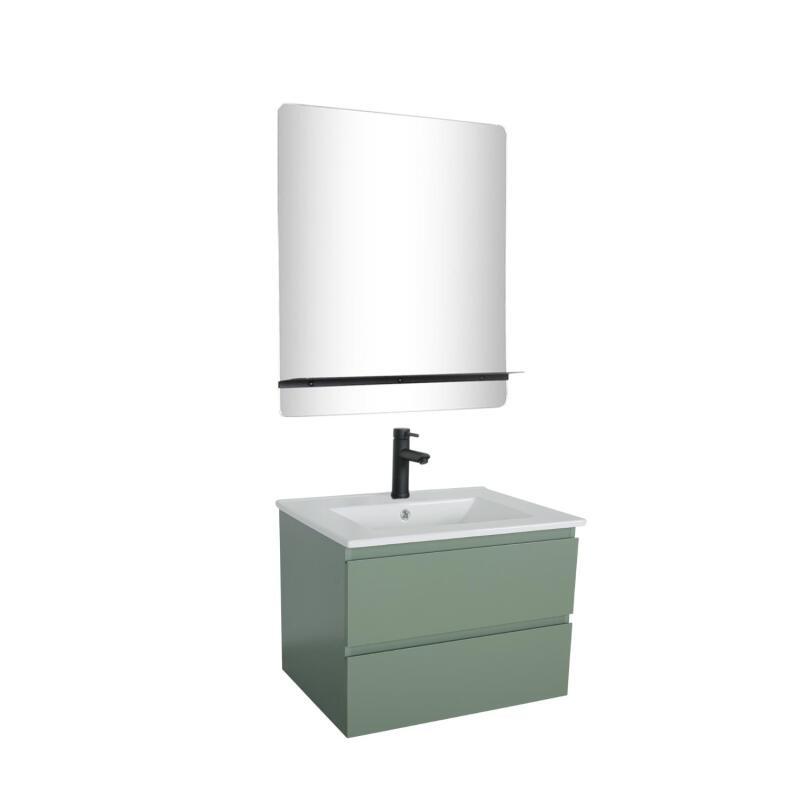 Ensemble meuble simple vasque 60cm décor chêne + vasque noire + robinet + miroir