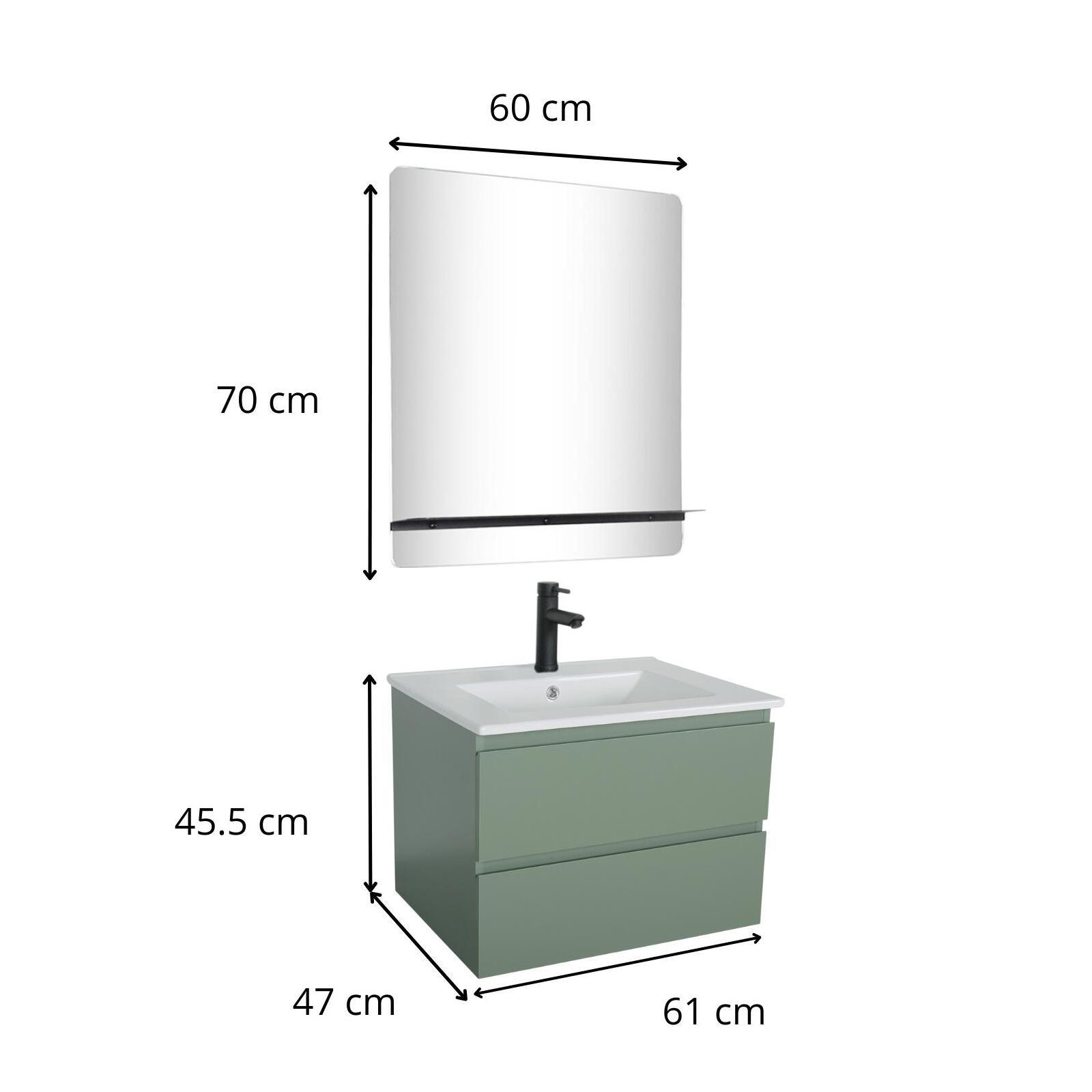 Ensemble meuble simple vasque 60cm décor chêne + vasque noire + robinet + miroir