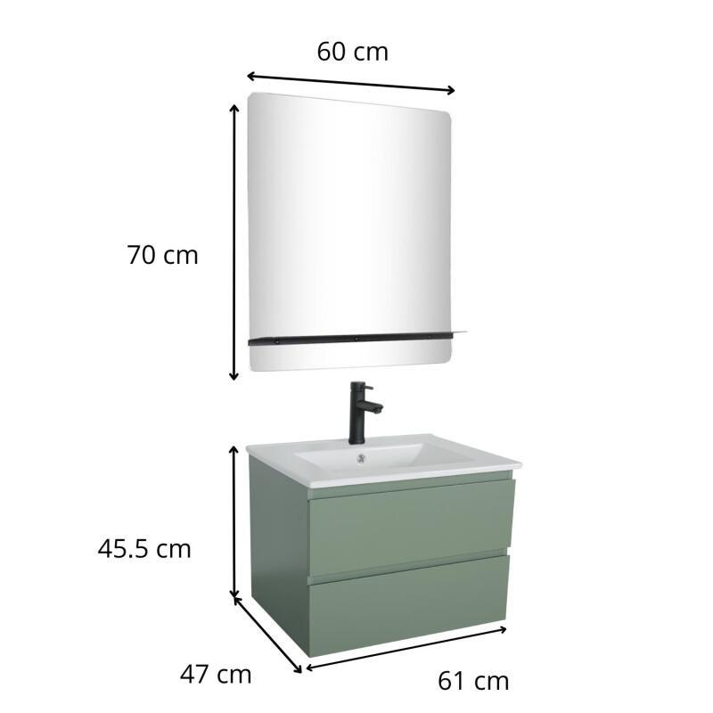 Ensemble meuble simple vasque 60cm décor chêne + vasque noire + robinet + miroir