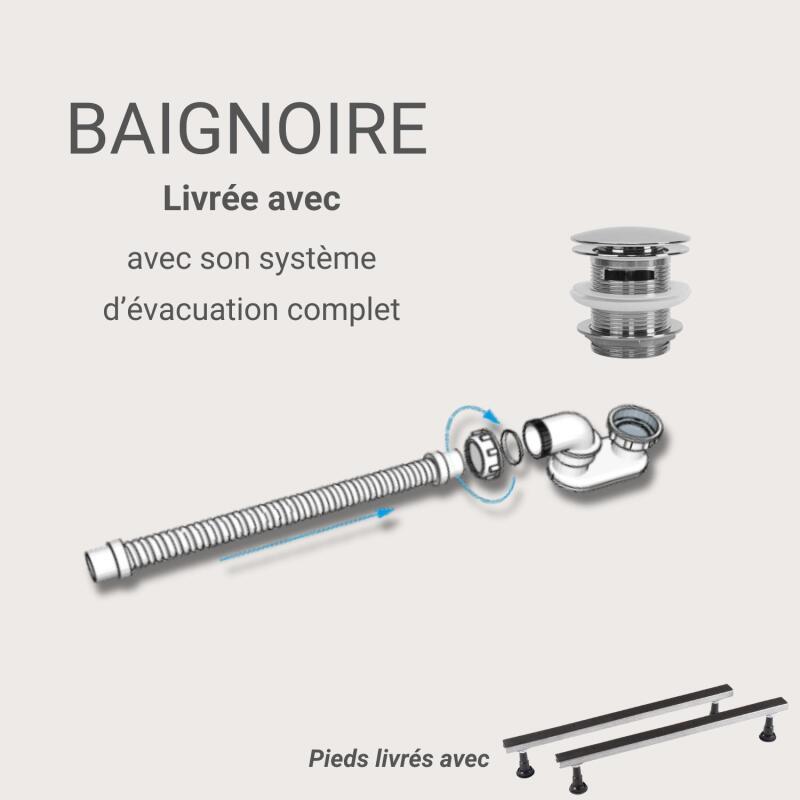 Baignoire semi-îlot blanche 170cm en acrylique Lucite®  - Angle droit - Livrée complète