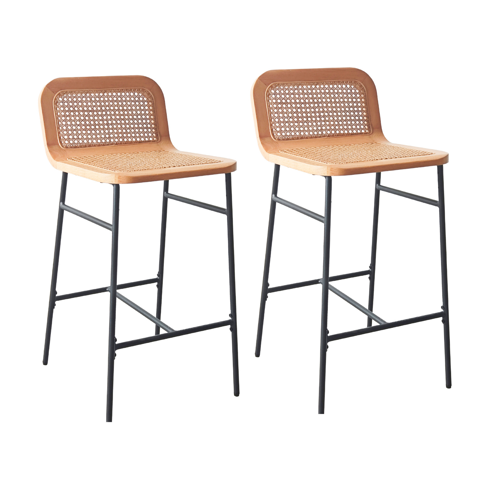 Lot de chaises d'îlot et bar en métal et assise cannage H65cm