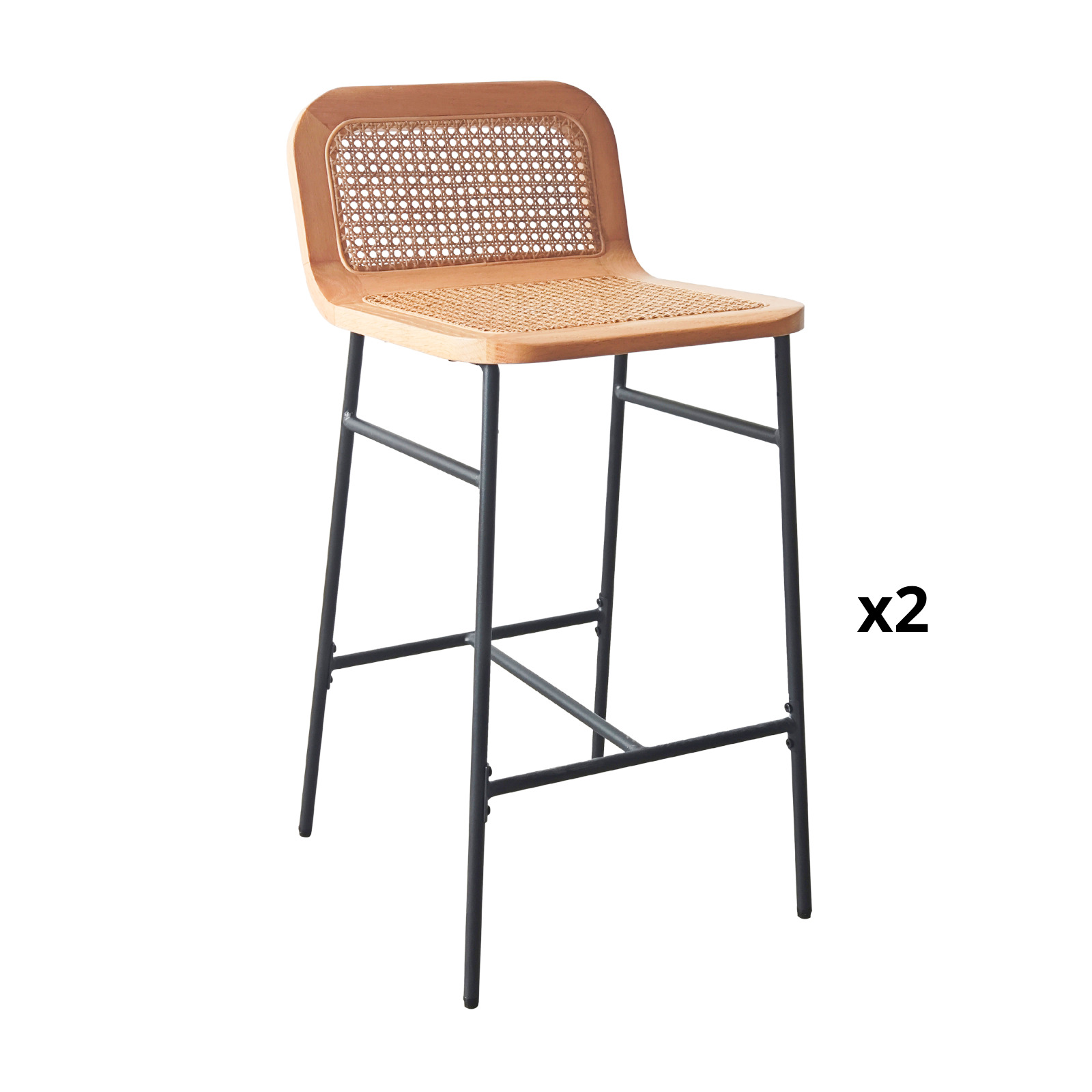 Lot de chaises d'îlot et bar en métal et assise cannage H65cm
