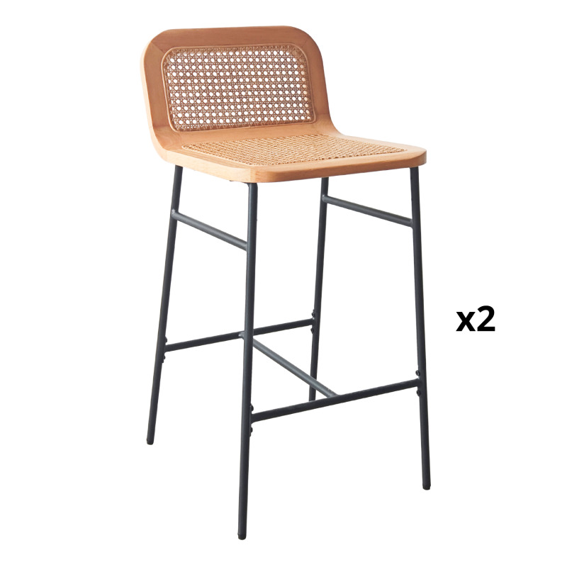 Lot de chaises d'îlot et bar en métal et assise cannage H65cm