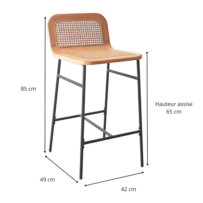 Lot de chaises d'îlot et bar en métal et assise cannage H65cm