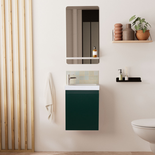 Ensemble lave-mains suspendu avec robinet chromé et miroir tablette