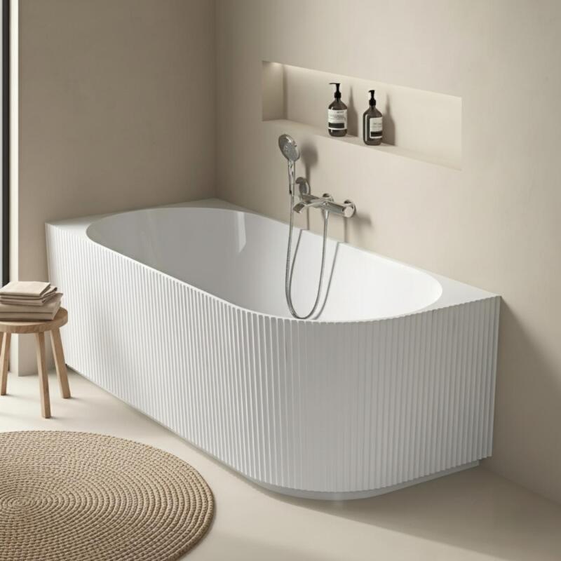 Baignoire semi-îlot blanche 170cm striée en acrylique Lucite®  - Angle gauche - Livrée complète
