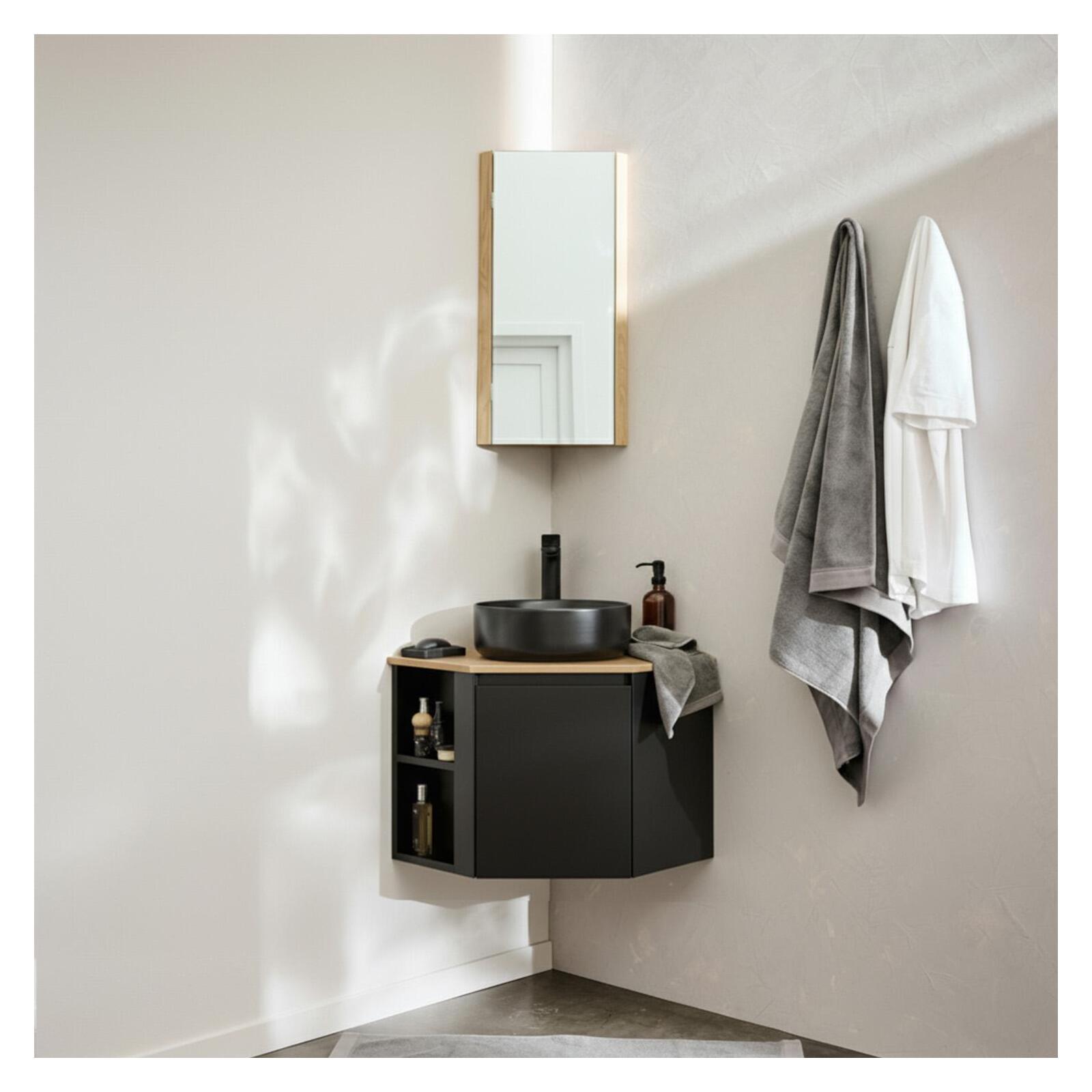 Ensemble meuble sous vasque d'angle avec vasque, robinet noir et armoire de toilette