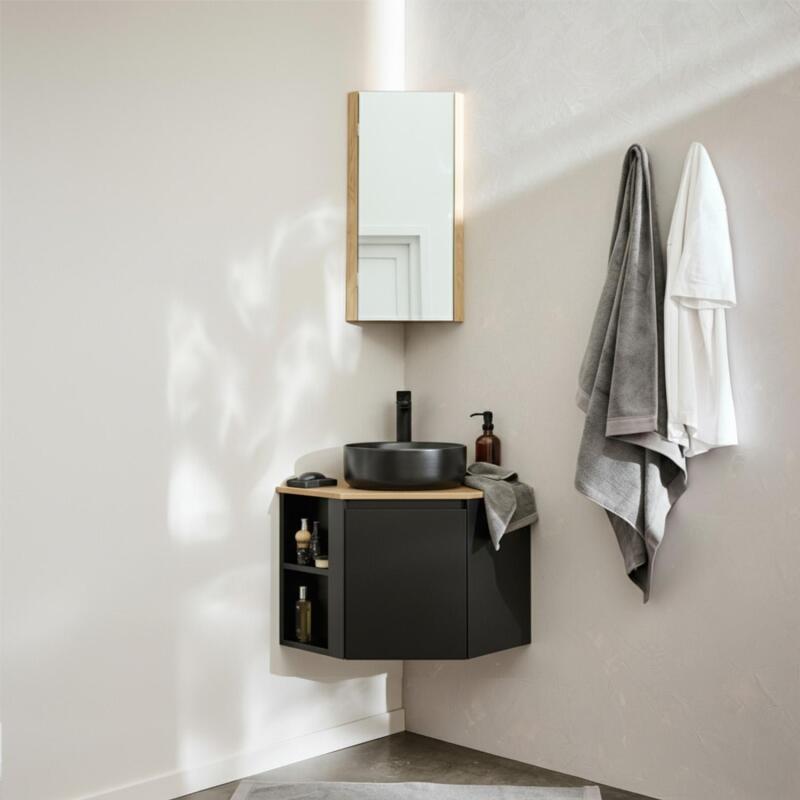Ensemble meuble sous vasque d'angle avec vasque, robinet noir et armoire de toilette