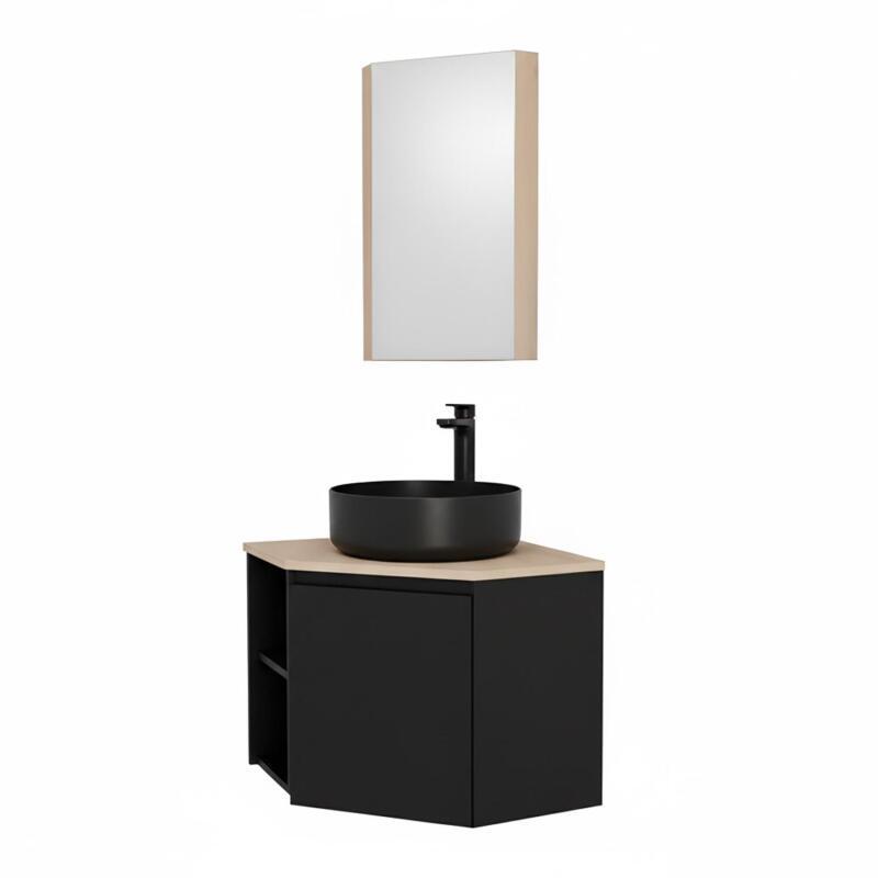 Ensemble meuble sous vasque d'angle avec vasque, robinet noir et armoire de toilette